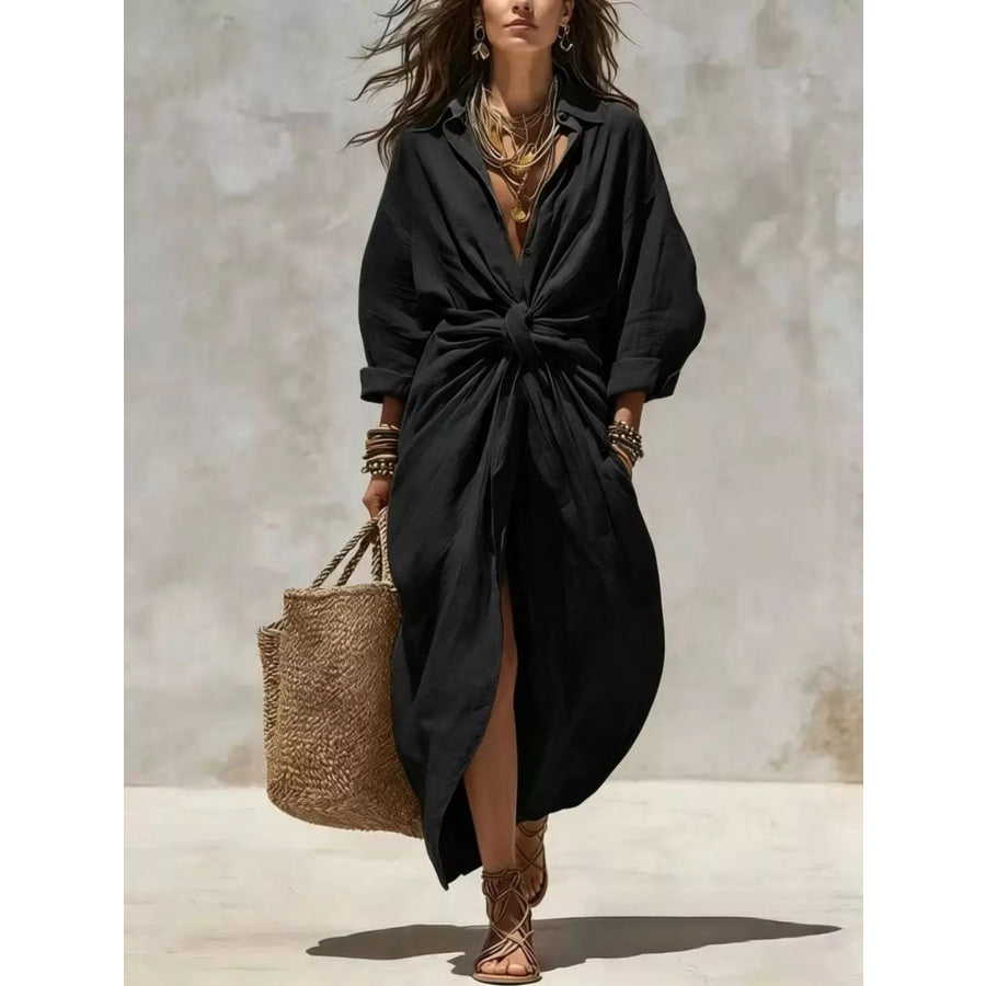 Full Size Front-Tie Linen Blend Maxi Dress Plus Black / S Apparel and Accessories