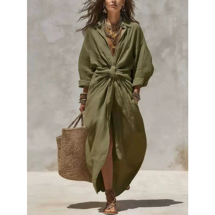 Full Size Front-Tie Linen Blend Maxi Dress Plus Green / S Apparel and Accessories