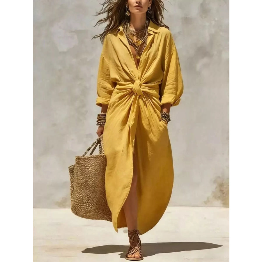 Full Size Front-Tie Linen Blend Maxi Dress Plus Yellow / S Apparel and Accessories