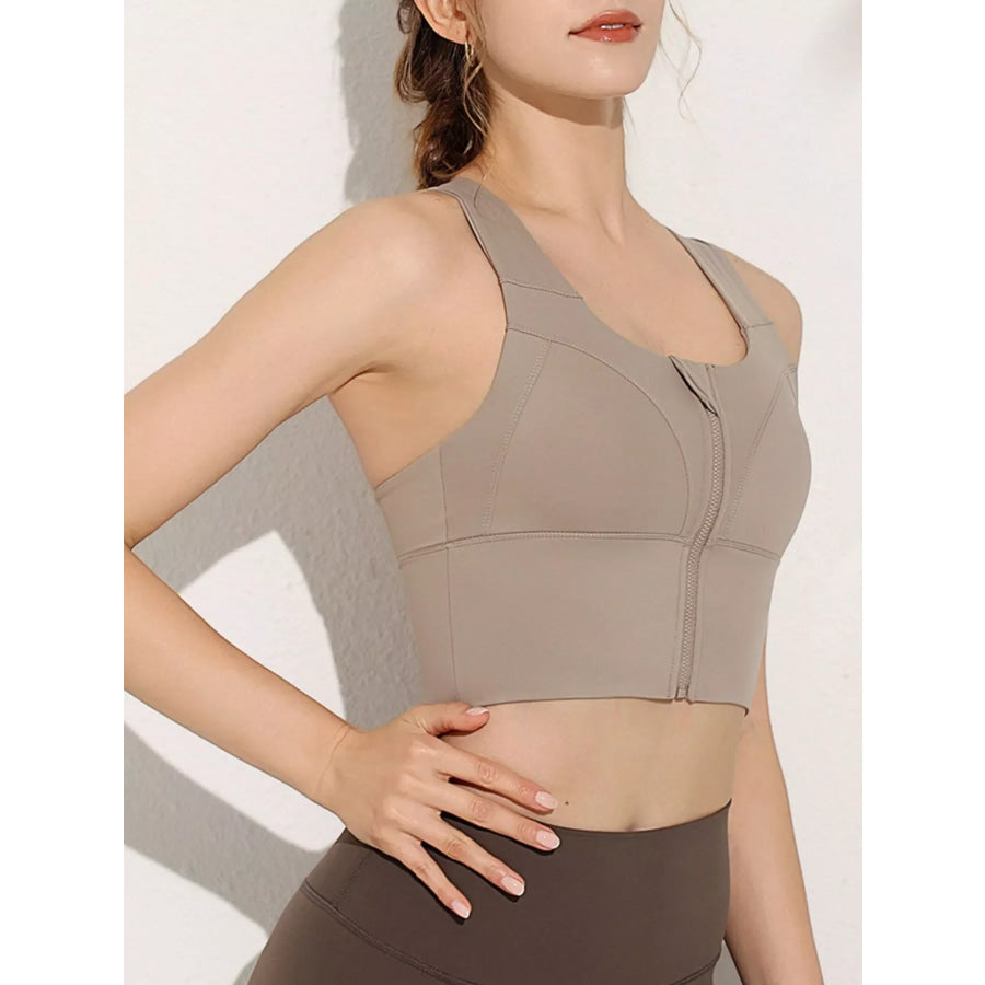 Full Size Front-Zip Active Tank Plus Size Khaki / S Apparel and Accessories