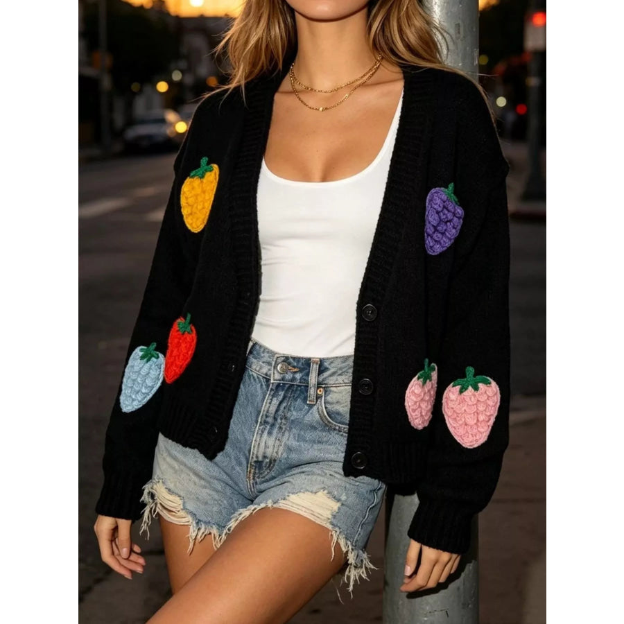 Full Size Fruit Applique Knit Cardigan Plus Size Black / S Apparel and Accessories