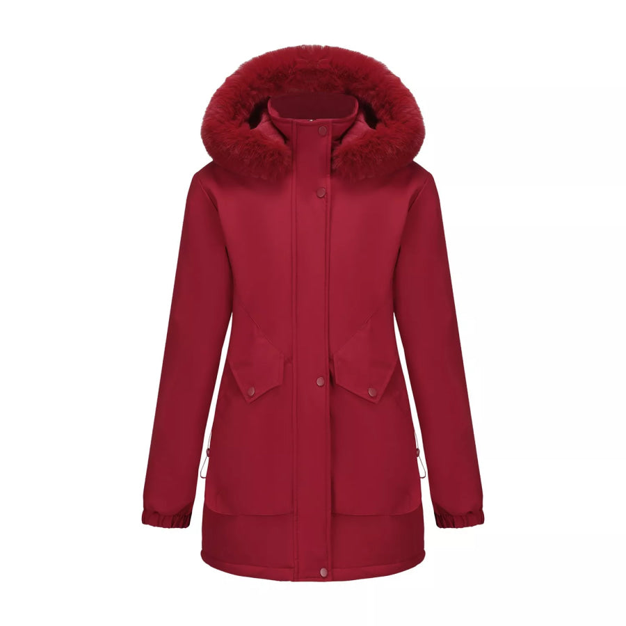 Full Size Fur Hooded Warm Winter Parka Outerwear Plus Size Burgundy / S Apparel and Accessories