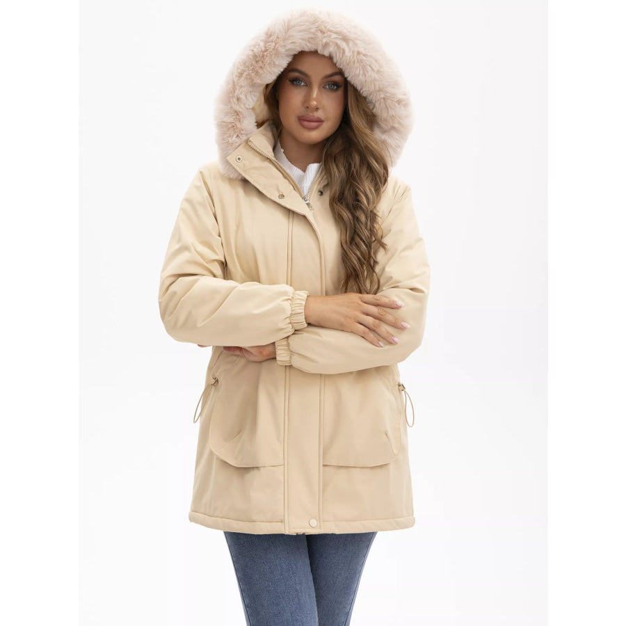 Full Size Fur Hooded Warm Winter Parka Outerwear Plus Size Khaki / S Apparel and Accessories