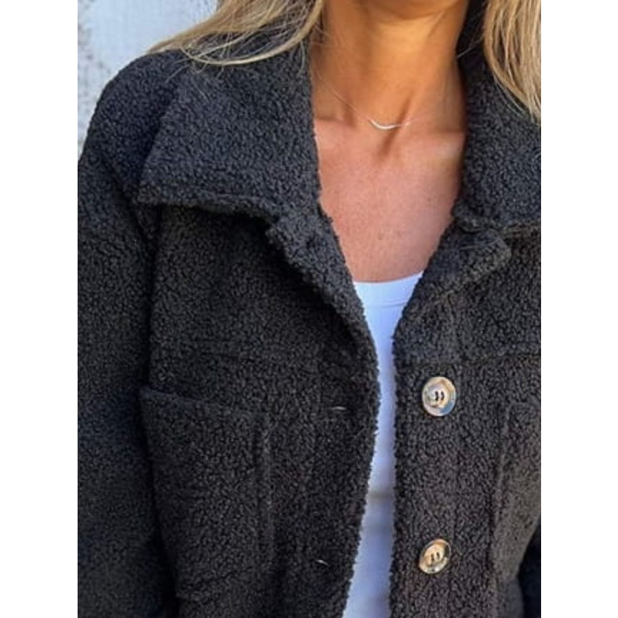 Full Size Fuzzy Button Up Drop Shoulder Jacket Apparel and Accessories