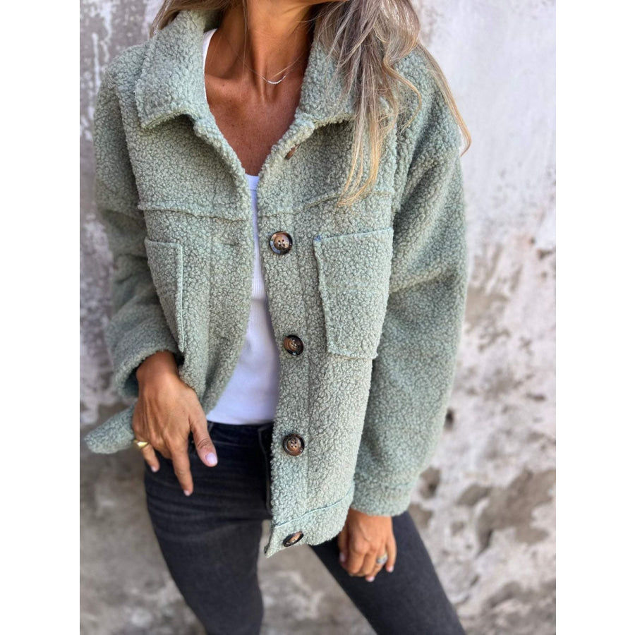 Full Size Fuzzy Button Up Drop Shoulder Jacket Gum Leaf / S Apparel and Accessories