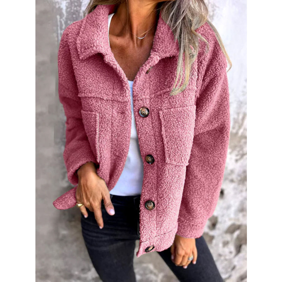 Full Size Fuzzy Button Up Drop Shoulder Jacket Apparel and Accessories