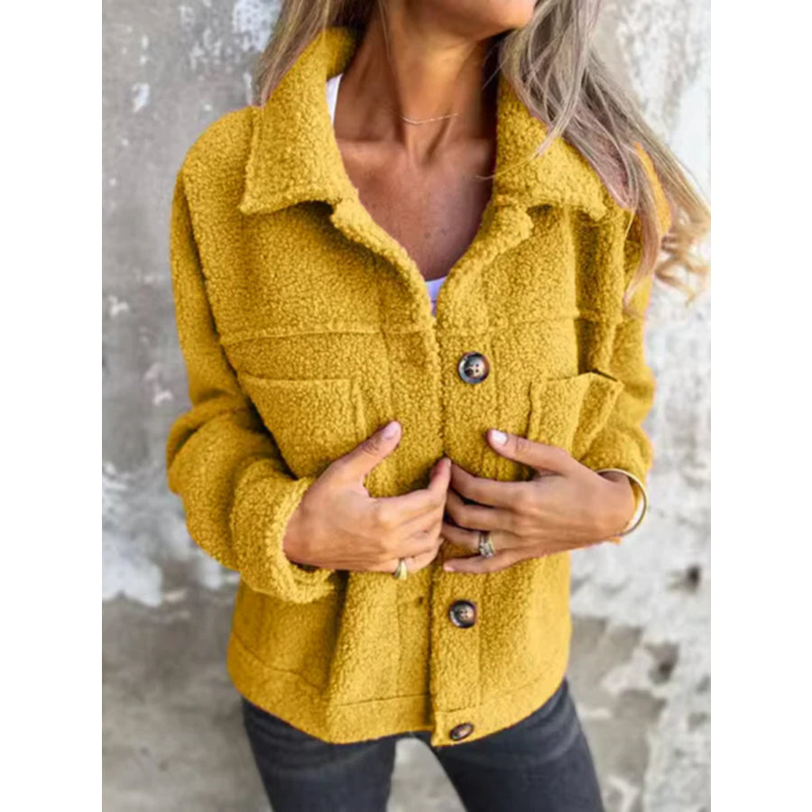 Full Size Fuzzy Button Up Drop Shoulder Jacket Apparel and Accessories