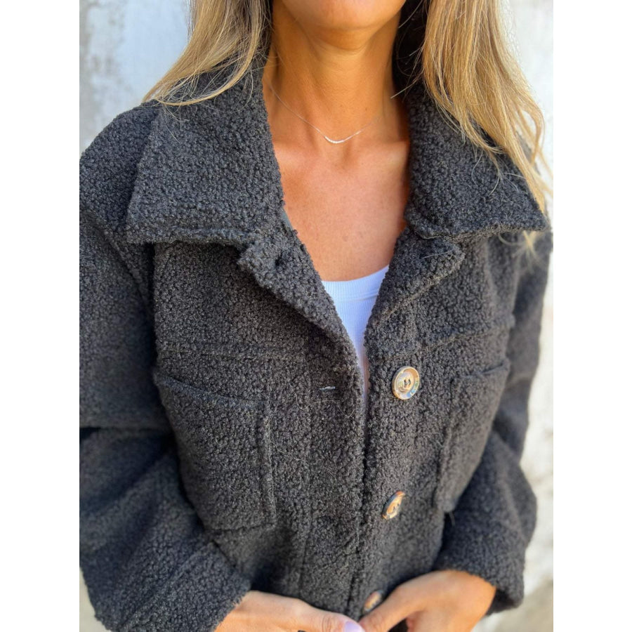 Full Size Fuzzy Button Up Drop Shoulder Jacket Apparel and Accessories