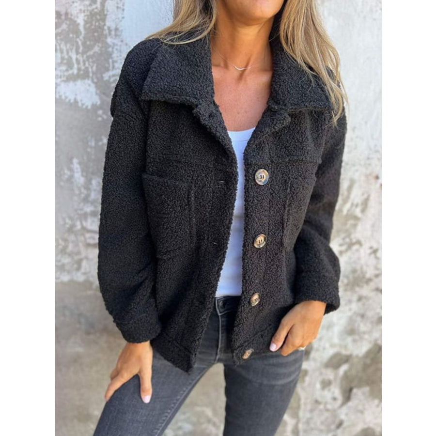 Full Size Fuzzy Button Up Drop Shoulder Jacket Black / S Apparel and Accessories