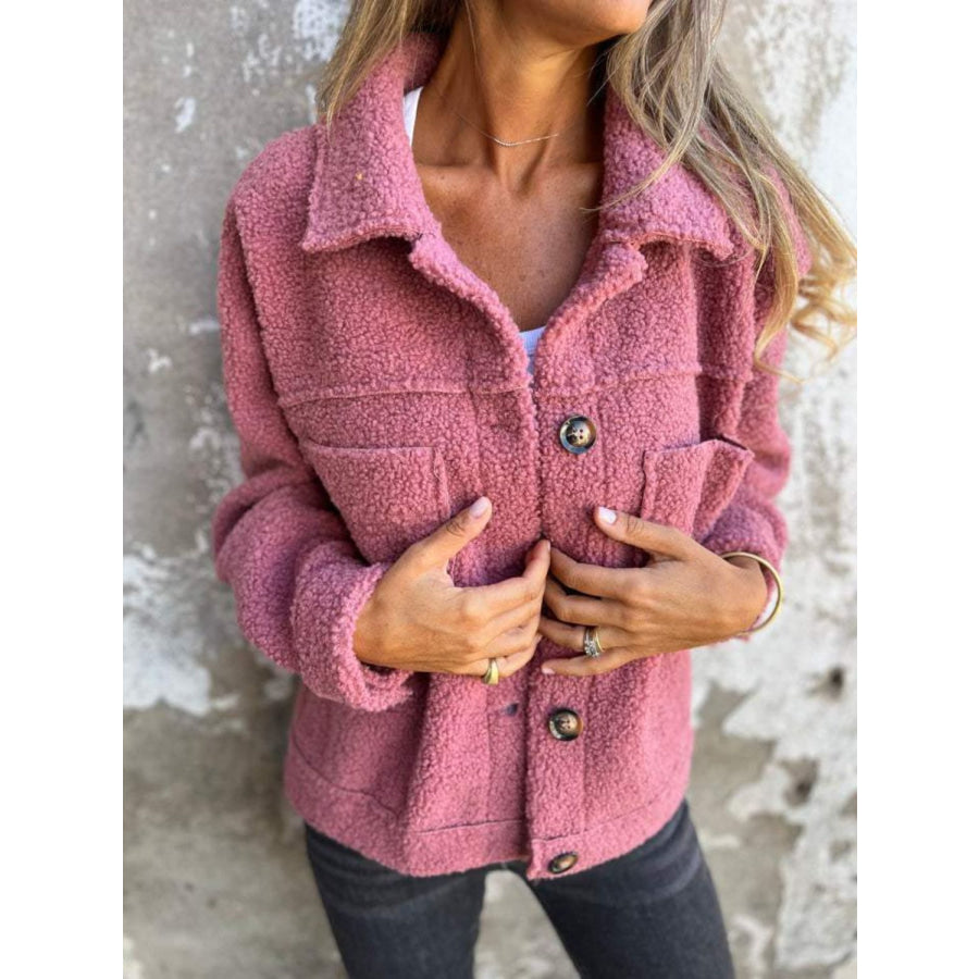 Full Size Fuzzy Button Up Drop Shoulder Jacket Dusty Pink / S Apparel and Accessories