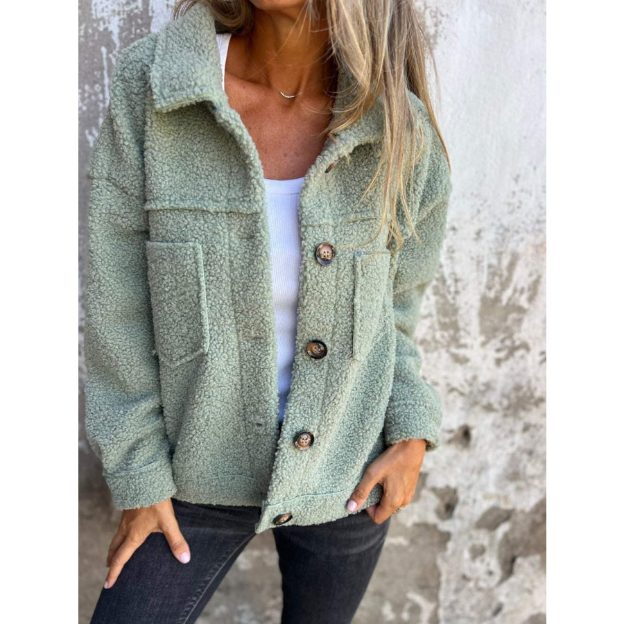 Full Size Fuzzy Button Up Drop Shoulder Jacket Gum Leaf / S Apparel and Accessories