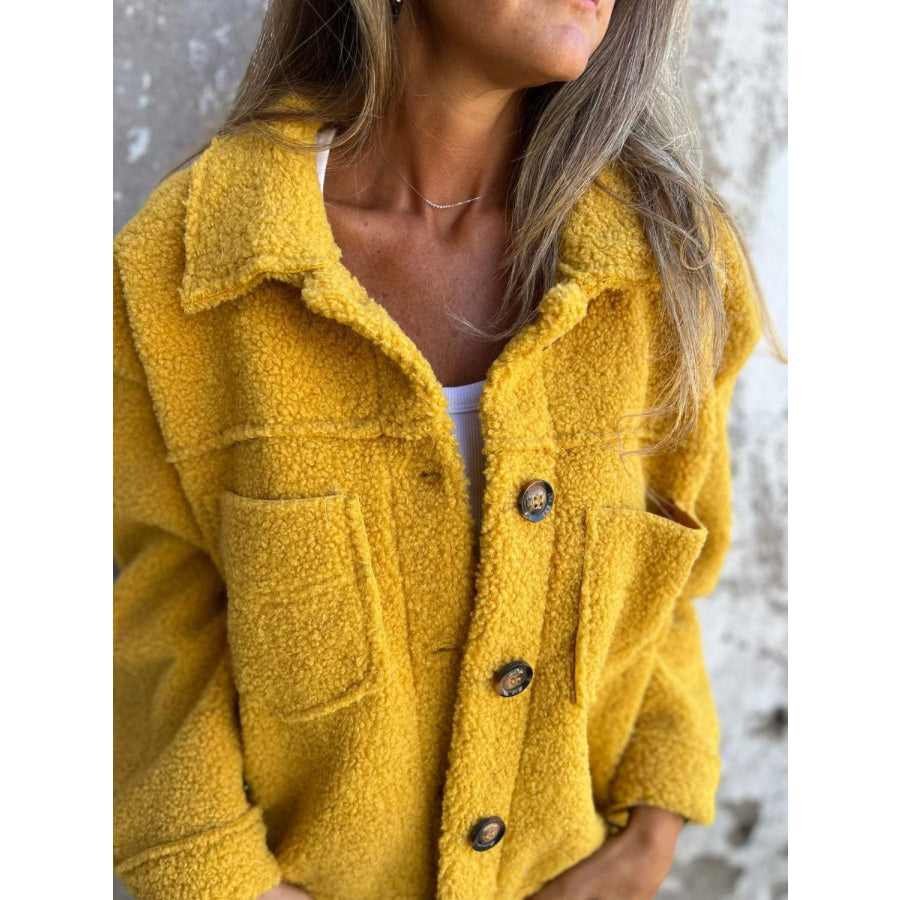 Full Size Fuzzy Button Up Drop Shoulder Jacket Mustard / S Apparel and Accessories