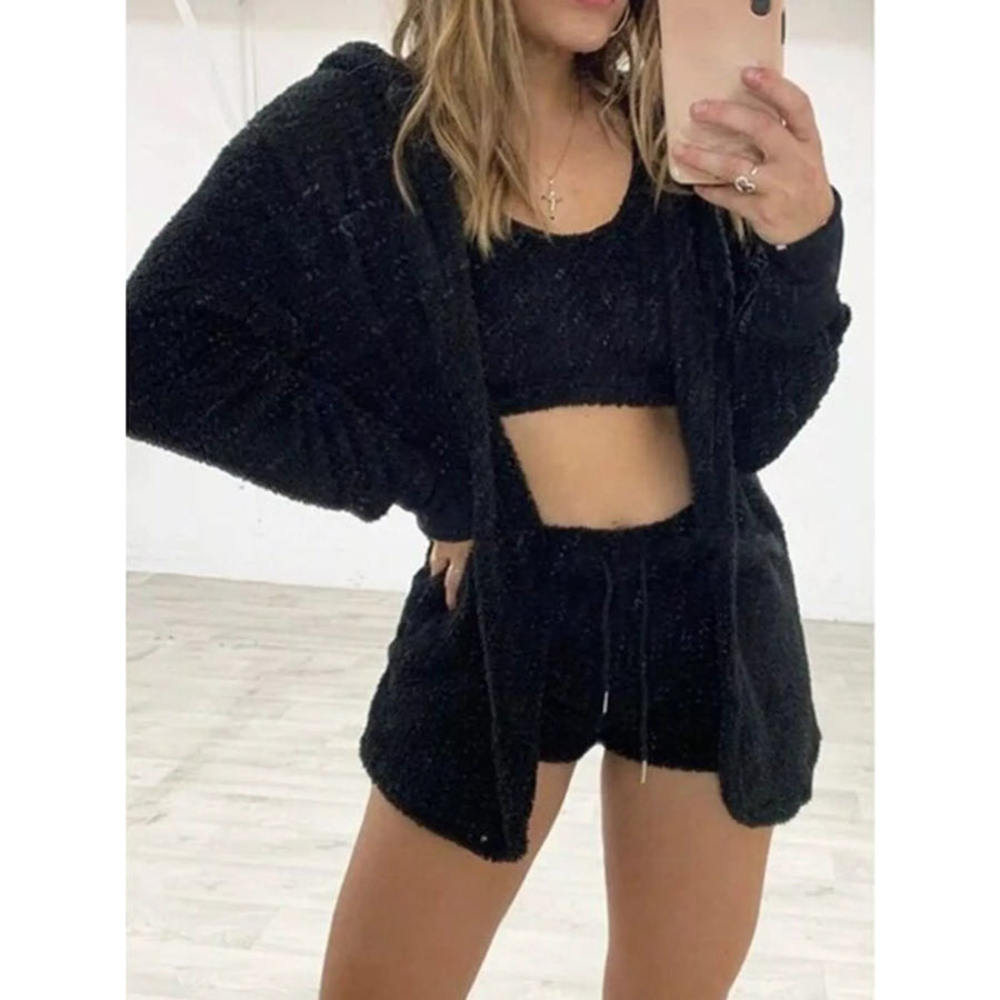 Full Size Fuzzy Tank & Cardigan and Shorts Three-Piece Set Plus Size Black / 2XL Apparel and Accessories