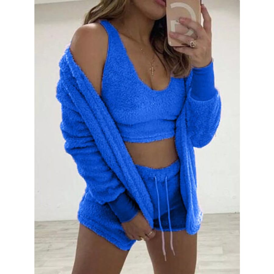 Full Size Fuzzy Tank & Cardigan and Shorts Three-Piece Set Plus Size Dark Blue / M Apparel and Accessories