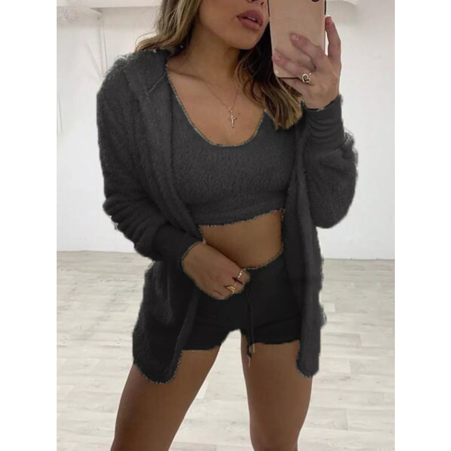 Full Size Fuzzy Tank & Cardigan and Shorts Three-Piece Set Plus Size Dark Gray / M Apparel and Accessories