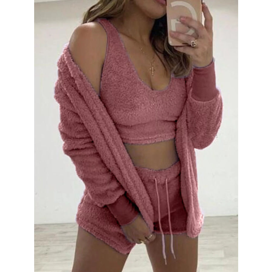Full Size Fuzzy Tank & Cardigan and Shorts Three-Piece Set Plus Size Dark Pink / 3XL Apparel and Accessories