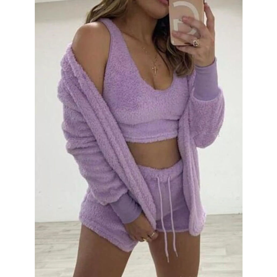 Full Size Fuzzy Tank & Cardigan and Shorts Three-Piece Set Plus Size Dark Purple / L Apparel and Accessories