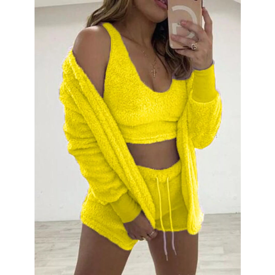 Full Size Fuzzy Tank & Cardigan and Shorts Three-Piece Set Plus Size Lemon Yellow / S Apparel and Accessories