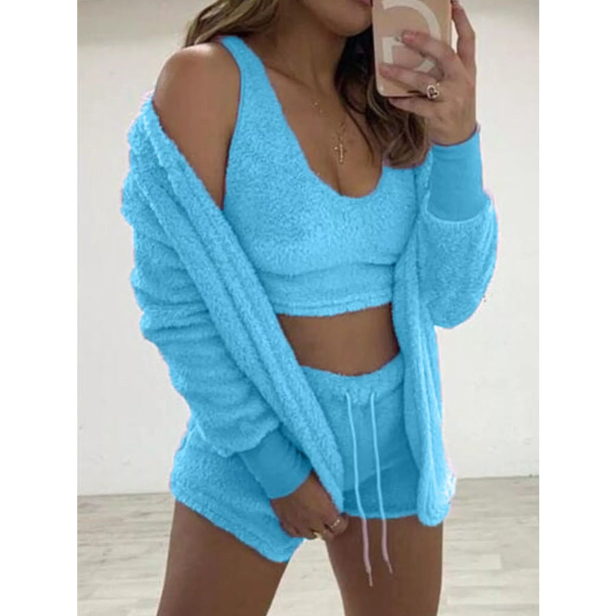 Full Size Fuzzy Tank & Cardigan and Shorts Three-Piece Set Plus Size Light Blue / S Apparel and Accessories
