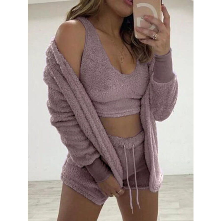 Full Size Fuzzy Tank & Cardigan and Shorts Three-Piece Set Plus Size Mauve / S Apparel and Accessories