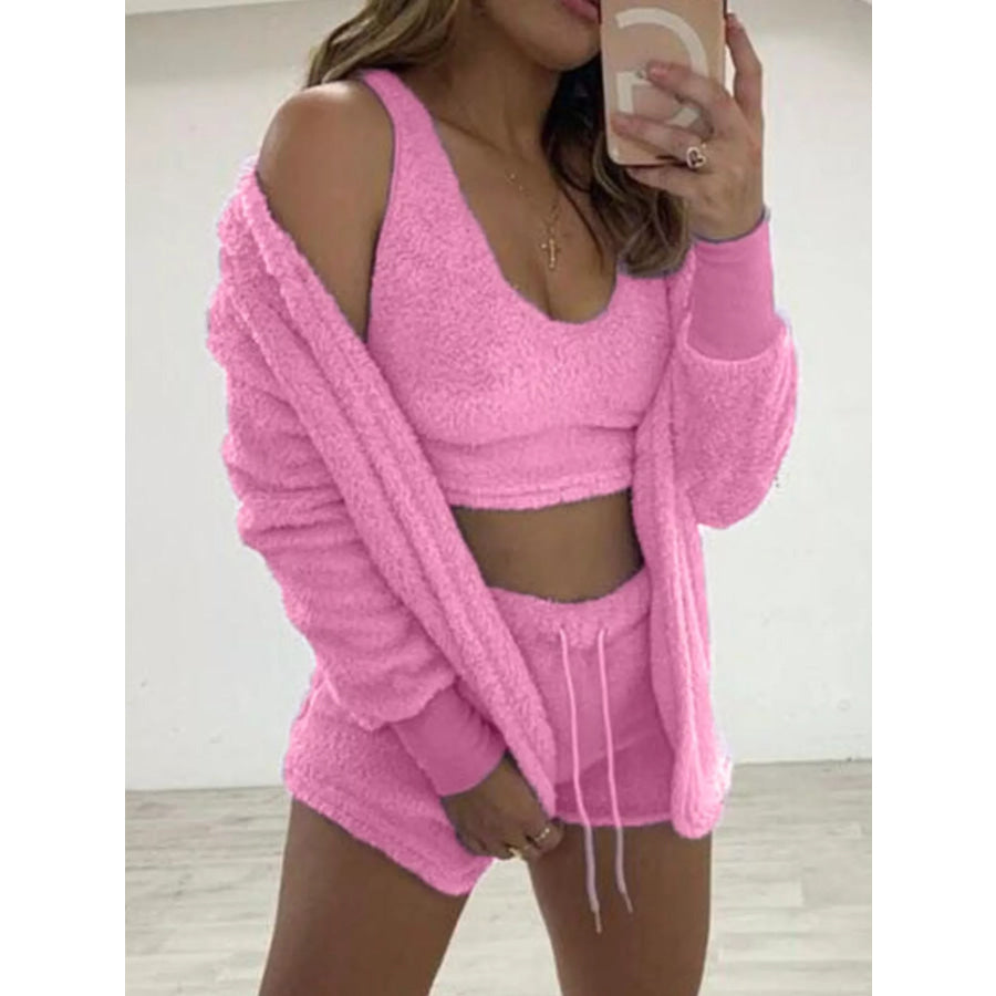 Full Size Fuzzy Tank & Cardigan and Shorts Three-Piece Set Plus Size Pink / S Apparel and Accessories
