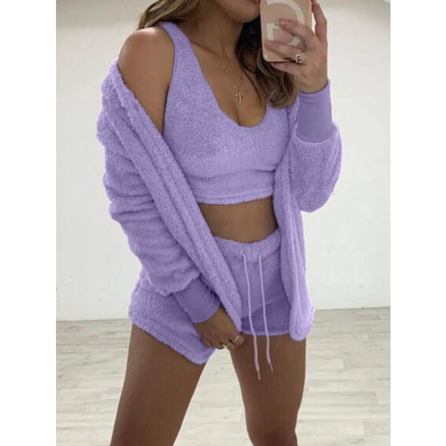 Full Size Fuzzy Tank & Cardigan and Shorts Three-Piece Set Plus Size Purple / 2XL Apparel and Accessories