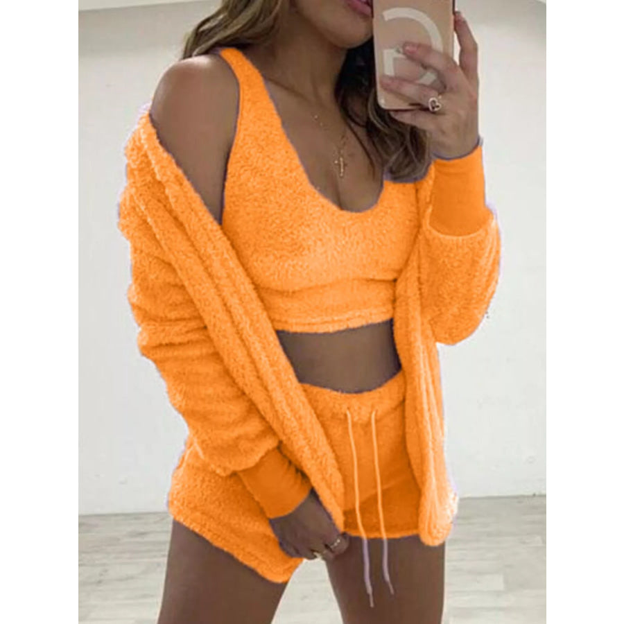 Full Size Fuzzy Tank & Cardigan and Shorts Three-Piece Set Plus Size Tangerine / XL Apparel and Accessories