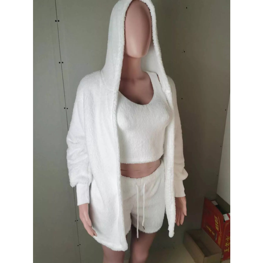 Full Size Fuzzy Tank & Cardigan and Shorts Three-Piece Set Plus Size White / M Apparel and Accessories