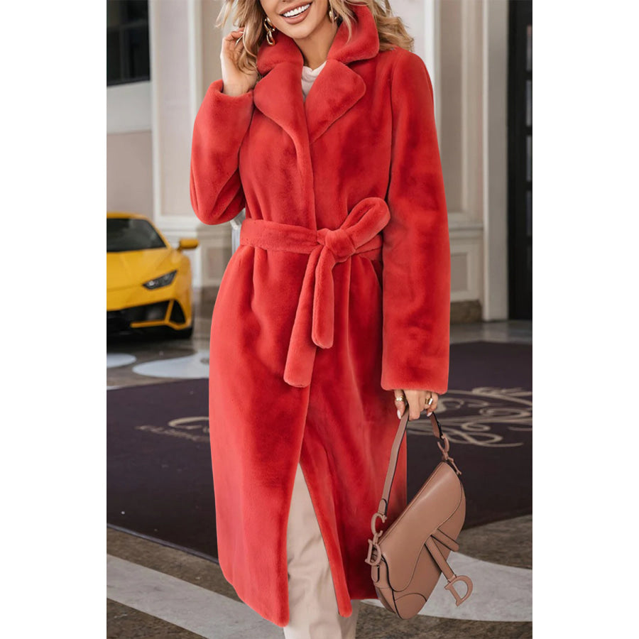 Full Size Fuzzy Tied Collared Neck Coat Apparel and Accessories