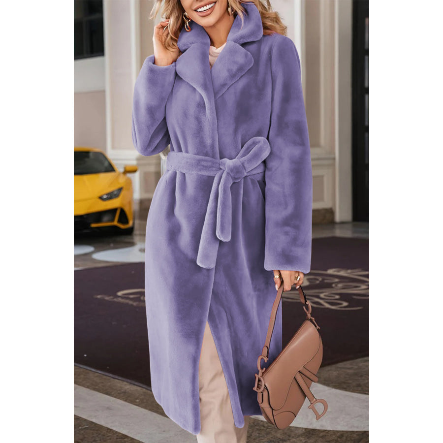 Full Size Fuzzy Tied Collared Neck Coat Apparel and Accessories