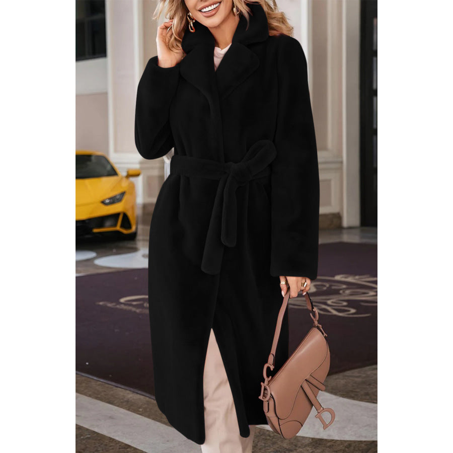 Full Size Fuzzy Tied Collared Neck Coat Black / S Apparel and Accessories