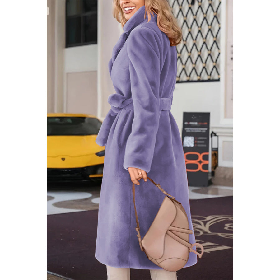 Full Size Fuzzy Tied Collared Neck Coat Lavender / S Apparel and Accessories