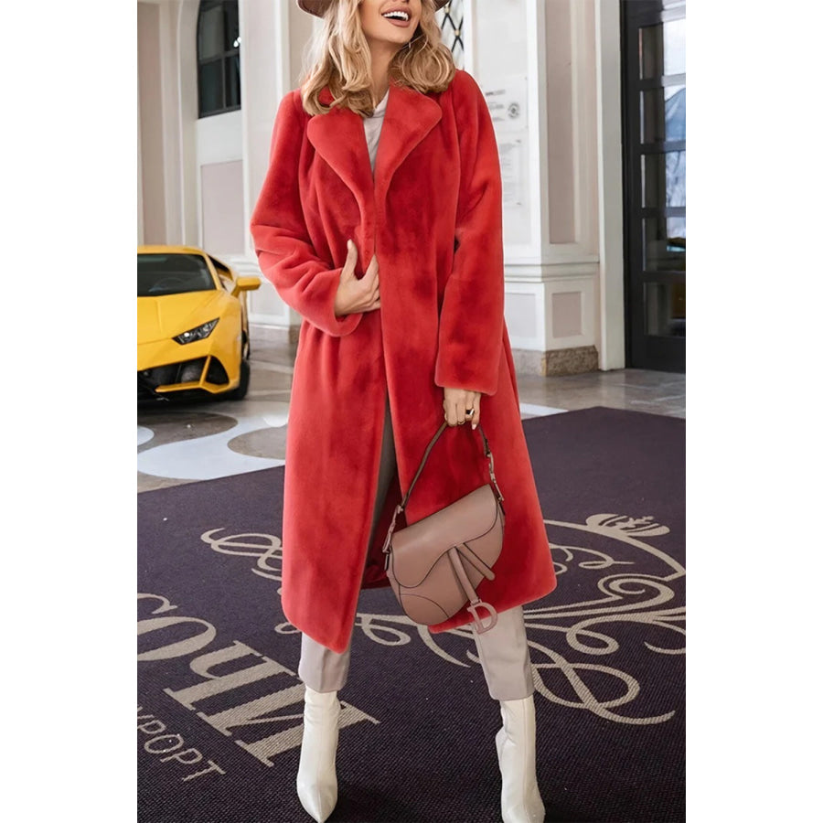 Full Size Fuzzy Tied Collared Neck Coat Orange-Red / S Apparel and Accessories