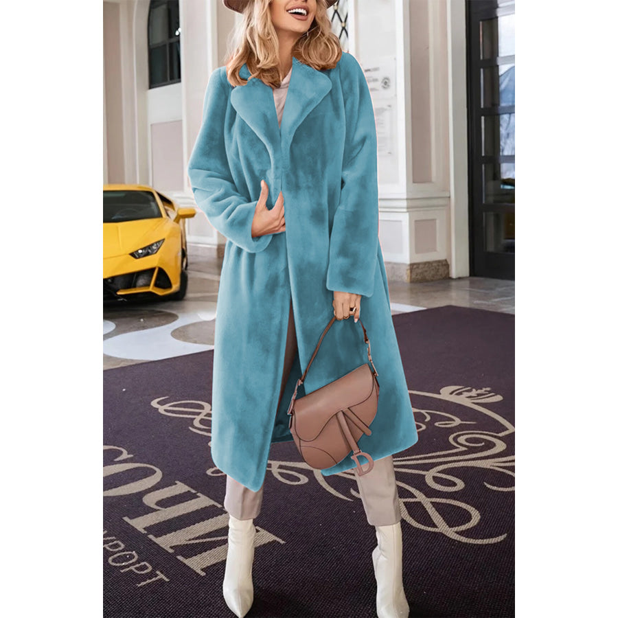 Full Size Fuzzy Tied Collared Neck Coat Teal / S Apparel and Accessories