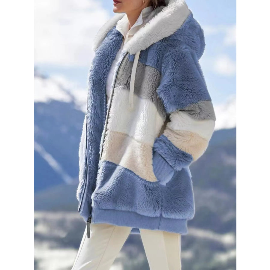 Full Size Fuzzy Zip Up Hooded Outerwear Plus Size Apparel and Accessories