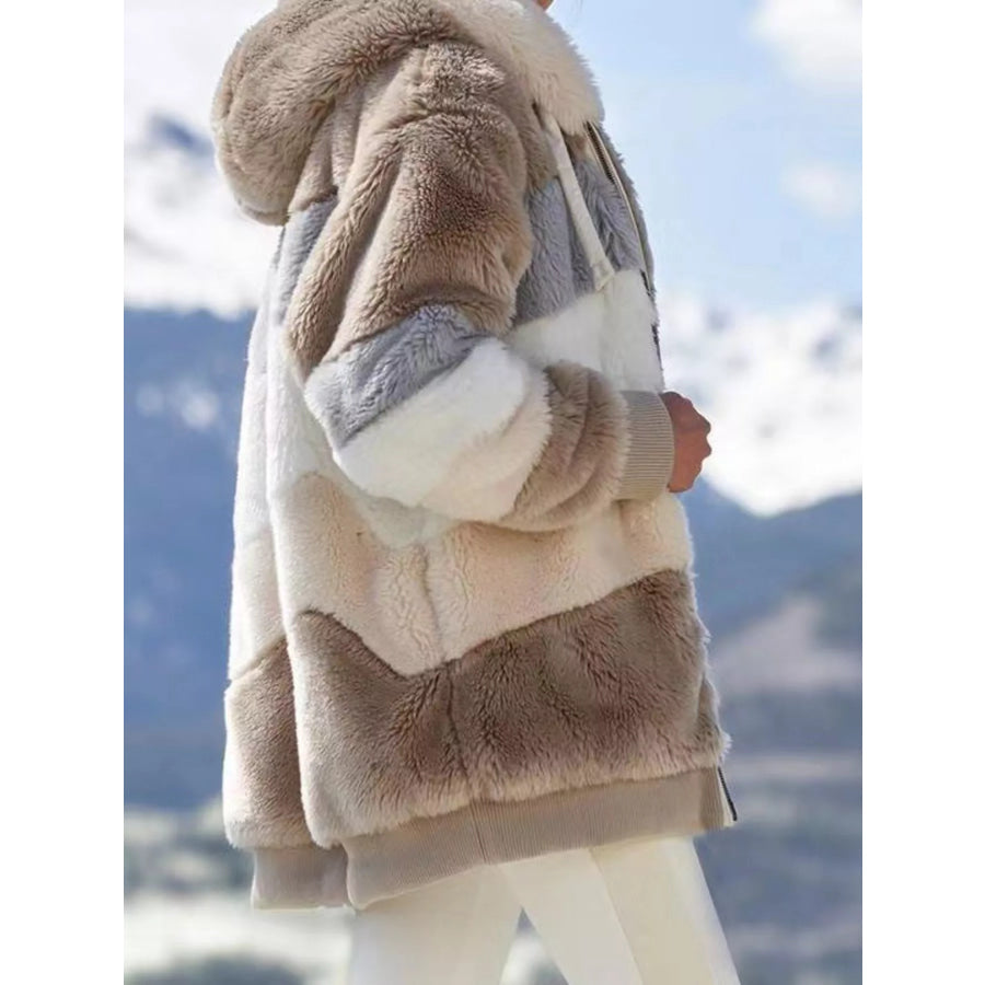 Full Size Fuzzy Zip Up Hooded Outerwear Plus Size Apparel and Accessories