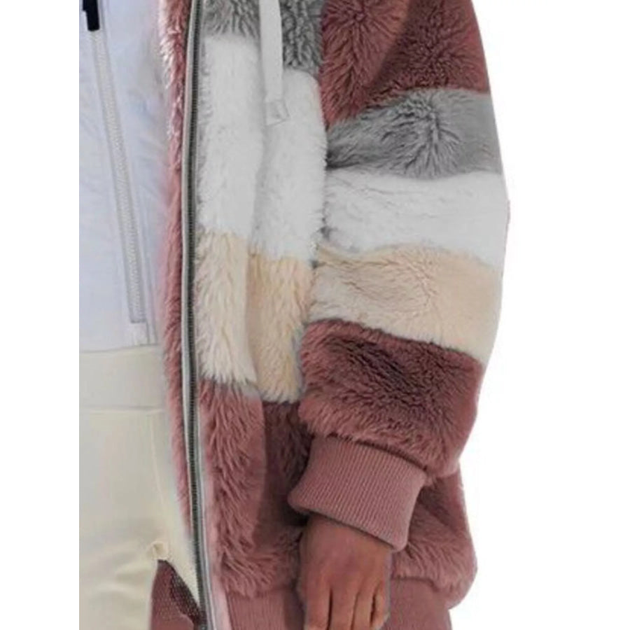 Full Size Fuzzy Zip Up Hooded Outerwear Plus Size Apparel and Accessories