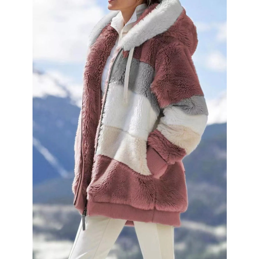 Full Size Fuzzy Zip Up Hooded Outerwear Plus Size Apparel and Accessories