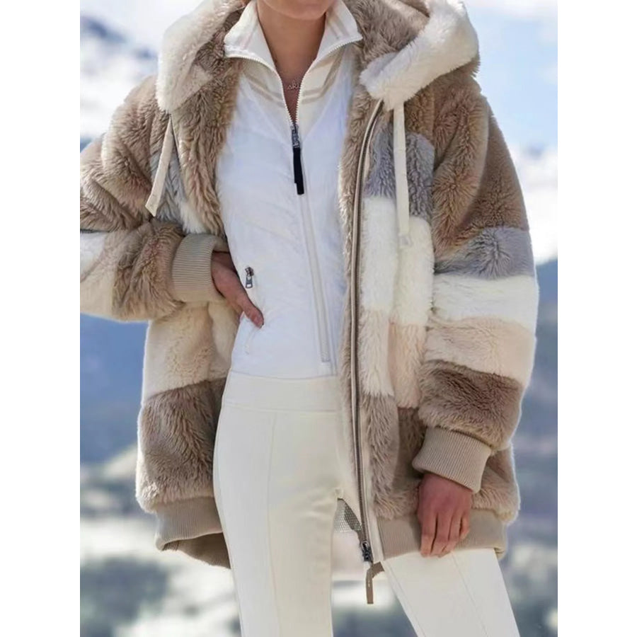 Full Size Fuzzy Zip Up Hooded Outerwear Plus Size Apparel and Accessories