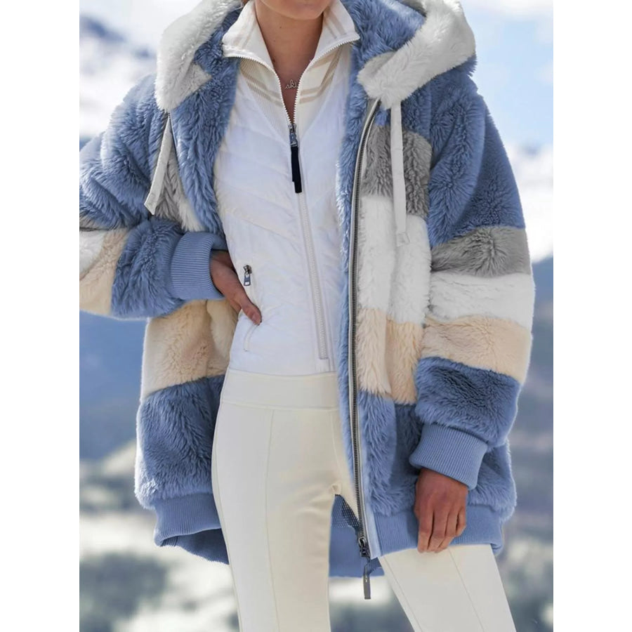 Full Size Fuzzy Zip Up Hooded Outerwear Plus Size Apparel and Accessories