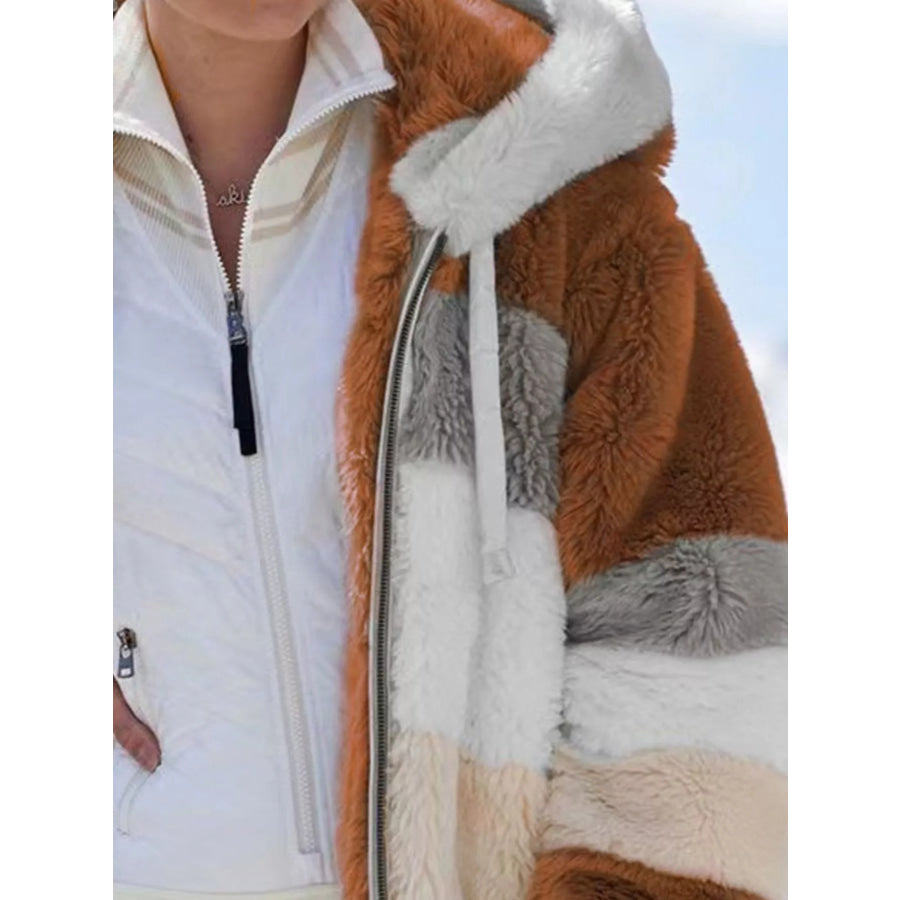 Full Size Fuzzy Zip Up Hooded Outerwear Plus Size Apparel and Accessories