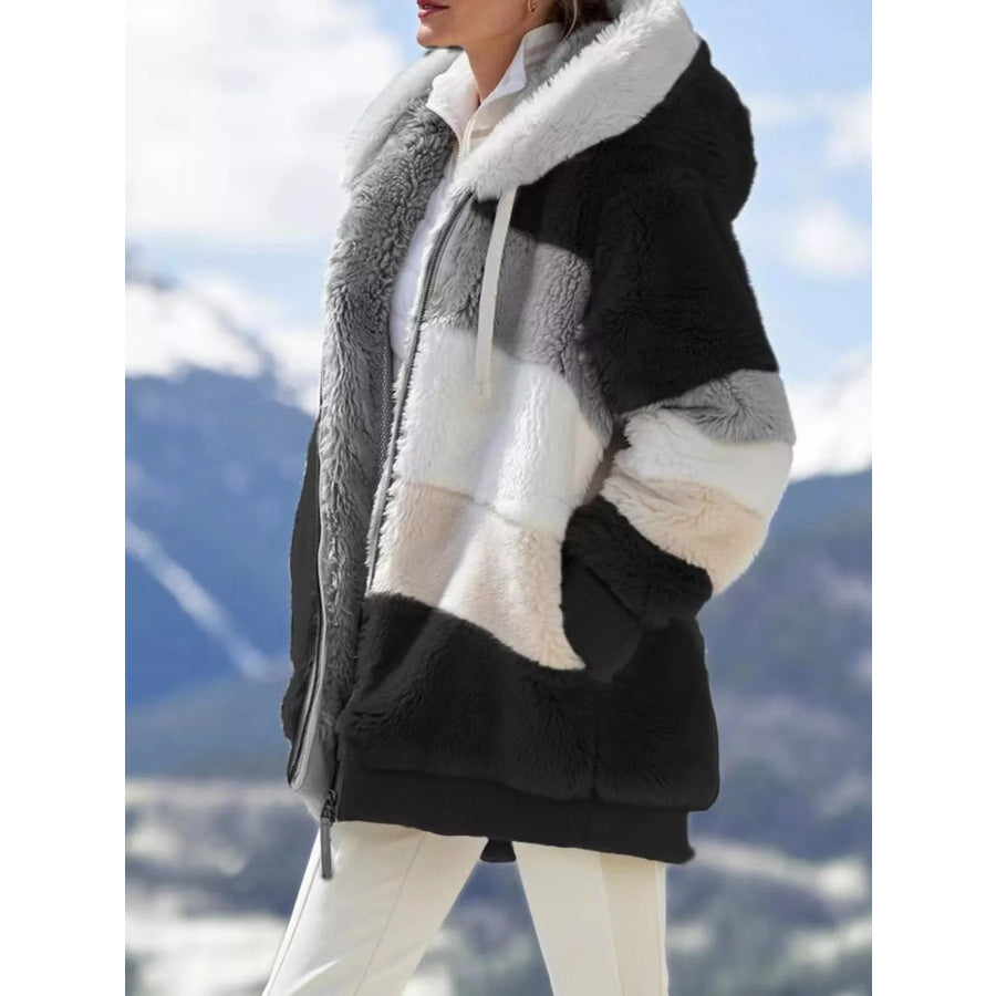 Full Size Fuzzy Zip Up Hooded Outerwear Plus Size Apparel and Accessories