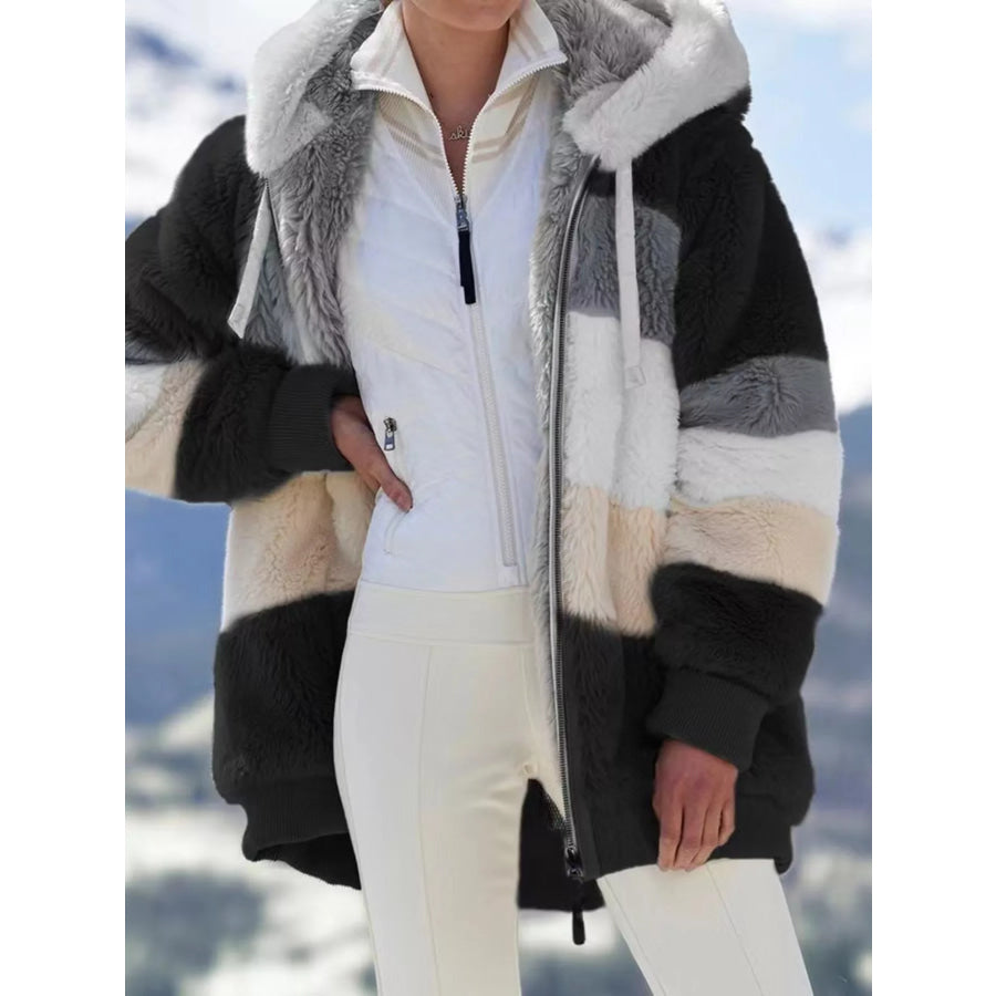 Full Size Fuzzy Zip Up Hooded Outerwear Plus Size Black / S Apparel and Accessories