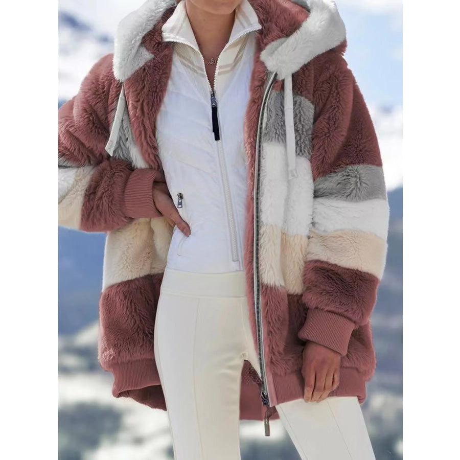 Full Size Fuzzy Zip Up Hooded Outerwear Plus Size Burgundy / S Apparel and Accessories