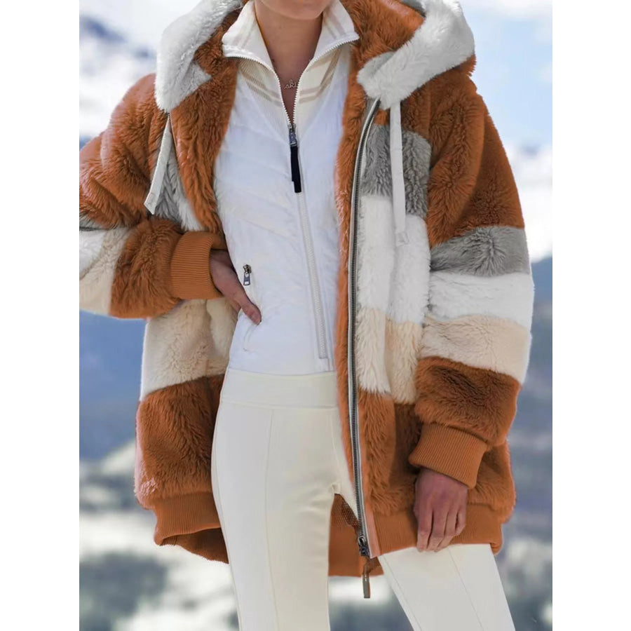 Full Size Fuzzy Zip Up Hooded Outerwear Plus Size Caramel / S Apparel and Accessories