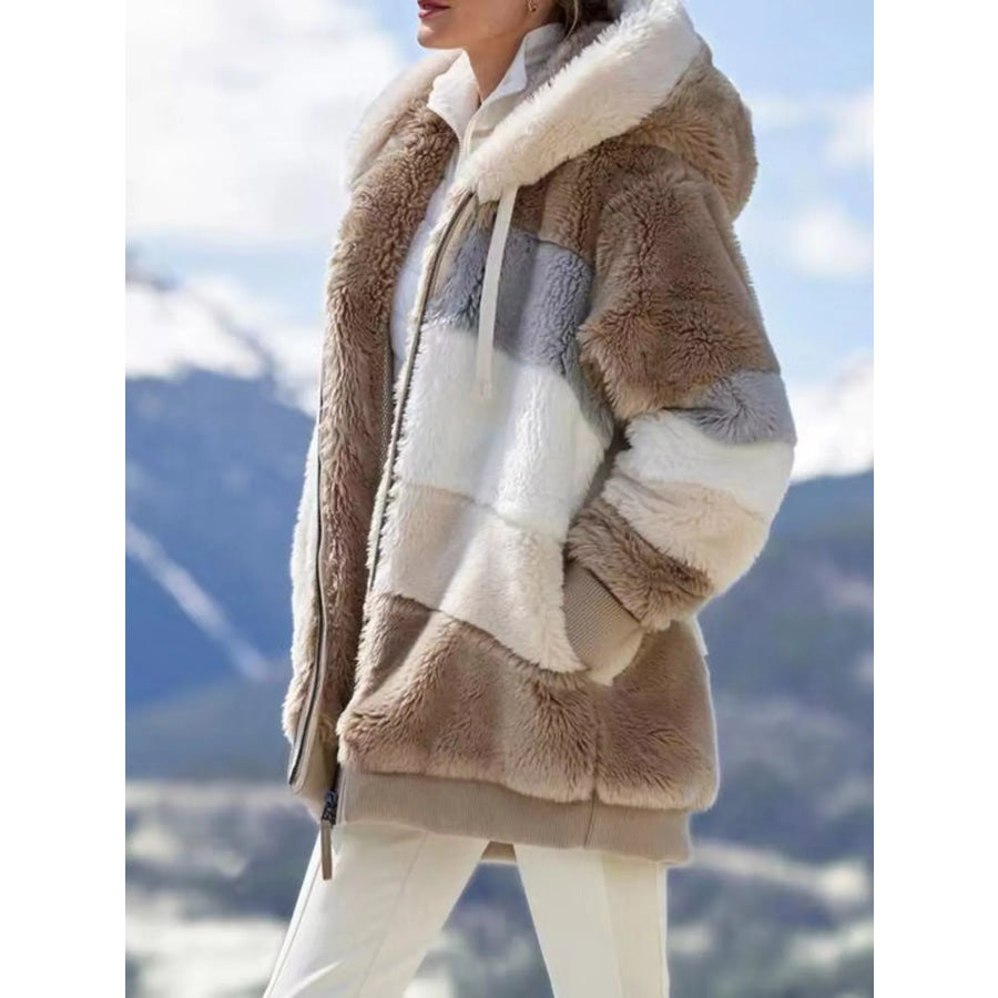 Full Size Fuzzy Zip Up Hooded Outerwear Plus Size Khaki / S Apparel and Accessories
