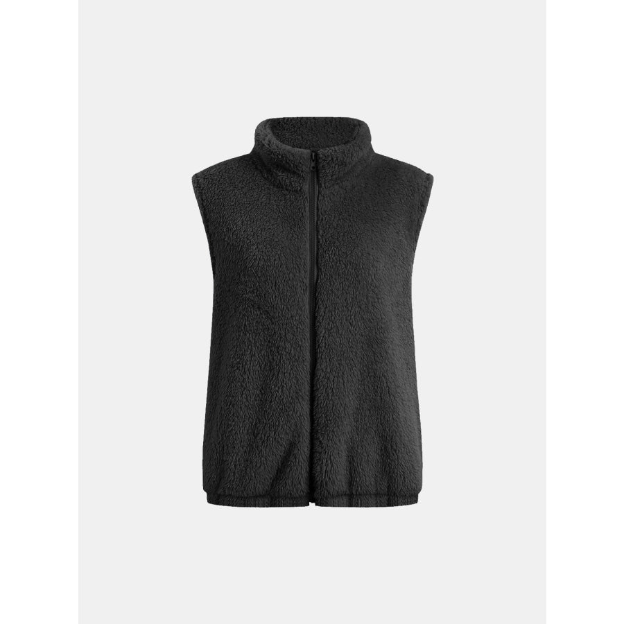 Full Size Fuzzy Zip Up Vest Coat with Pockets Apparel and Accessories