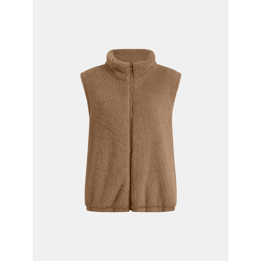 Full Size Fuzzy Zip Up Vest Coat with Pockets Camel / S Apparel and Accessories