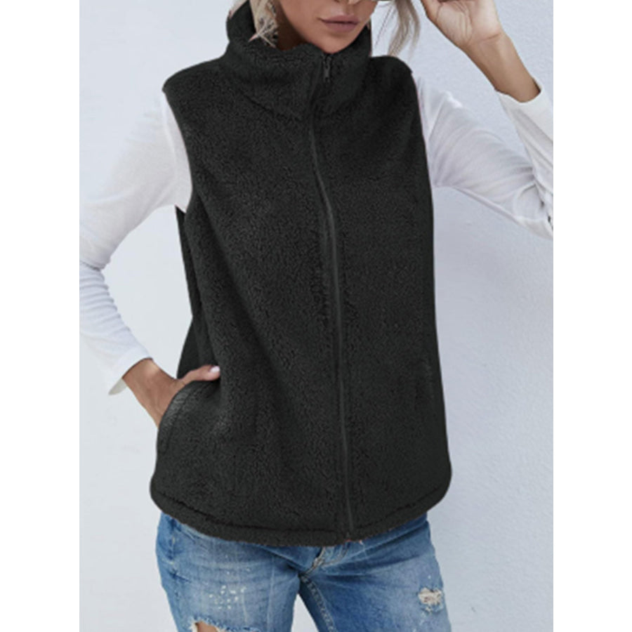 Full Size Fuzzy Zip Up Vest Coat with Pockets Black / S Apparel and Accessories