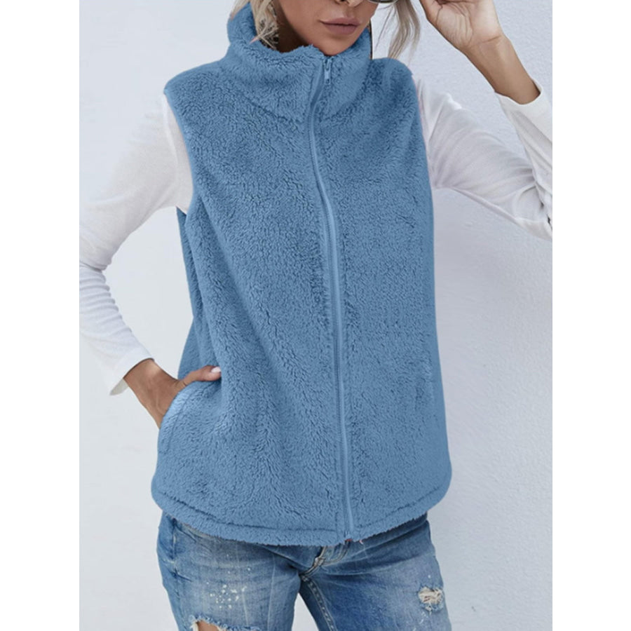 Full Size Fuzzy Zip Up Vest Coat with Pockets Blue / S Apparel and Accessories